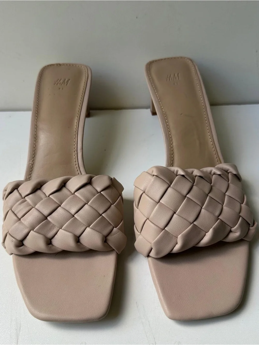 H&M Beige Nude Braided Woven Square Toe Heeled Mule Sandals Women's Size US 10